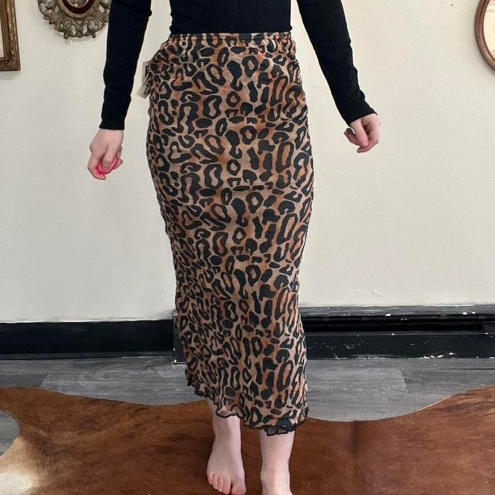 Cheryl‎ Creations Leopard Print Micromesh Maxi Skirt M Brown Black Vintage